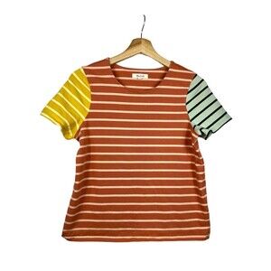 Madewell Luxe Boxy Crop Tee Colorblock Stripe Size Small Top Pink Yellow Blue